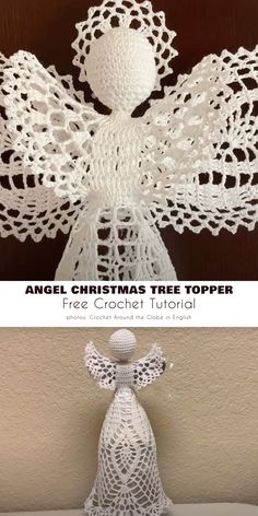 an angel made out of crochet is shown next to another photo with the text angel christmas tree topper free crochet pattern