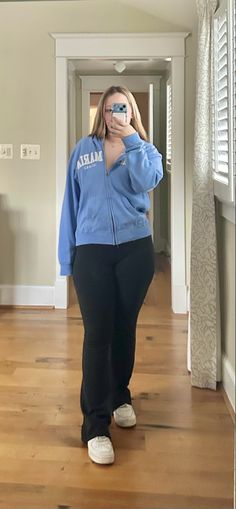 black flare legging blue zip up sweatshirt white airforces Lazy Outfits Midsize, Simple School Outfits Plus Size, Curvy School Outfits, Lazy Outfits Plus Size, Comfortable School Outfits Lazy Days, School Fits Plus Size, Fit Ideas Plus Size, Cute Outfits For School Plus Size, Back To School Plus Size Outfits