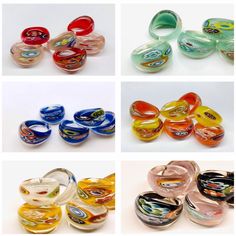 several different types of glass rings in various colors and sizes, all with designs on them