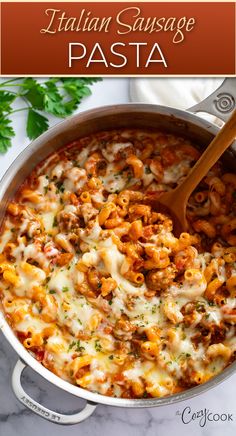 italian sausage pasta in a skillet and topped with cheese Italian Sausage Recipes Easy, Mild Italian Sausage Recipes, Easy Sausage Dinner, Easy Sausage Dinner Recipes, Ground Italian Sausage Recipes, Italian Sausage Casserole, Sweet Italian Sausage Recipes, Easy Sausage Recipes, Sausage Recipes For Dinner