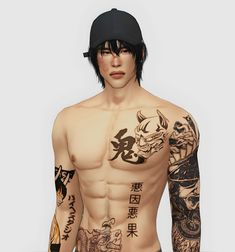 a shirtless man with tattoos on his chest