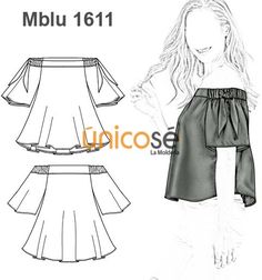 a woman's top and skirt sewing pattern from the front, with an off shoulder design