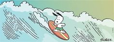 a cartoon character riding a surfboard on a wave in the ocean with clouds behind him