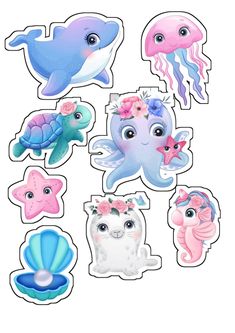 stickers with different types of sea animals and fish on them, all in pastel colors