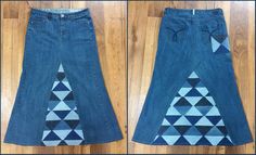 two pictures of the same blue jean skirt, one with an argyle pattern on it