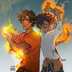 two young men standing next to each other in front of a sky with fire coming from them