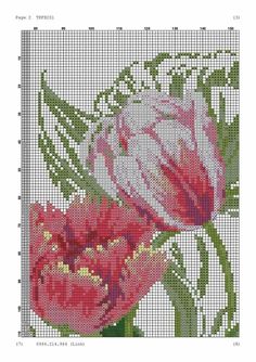 two pink flowers with green stems on a white background cross stitch pattern in the shape of a square