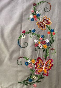 Hand embroidery, butterfly design , pillow cover design Hand Embroidery Designs For Suits, Drawing Embroidery, Tshirt Embroidery, Bracelet Embroidery, Embroidered Placemats, Embroidery Animals, Embroidery Bracelet, Embroidered Curtains, Shoes Embroidery