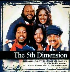 an advertisement for the 5th dimension featuring four men and one woman, all smiling at the camera