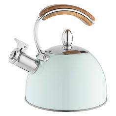 a tea kettle with a wooden handle on the top and bottom, in light blue