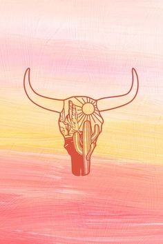 a drawing of a bull's head on a pink, yellow and orange background