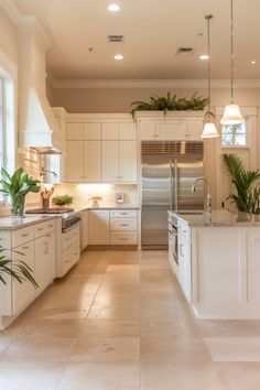 a large kitchen with white cabinets and stainless steel appliances, along with potted plants