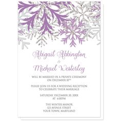 Winter Purple Silver Snowflake Reception Only Invitations at Artistically Invited. Beautiful winter purple silver snowflake reception only invitations designed with purple Winter Birthday Party Invitations, Snowflake Wedding Theme, Snowflake Birthday Party, Winter Bridal Shower Invitations, Reception Only Invitations, Winter Onederland Invitations, Purple And Silver Wedding, Winter Baby Shower Invitations, Snowflake Wedding