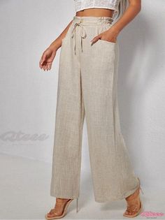 Comfortable Paper-Bag Style Pants with Adjustable Waist Non-stretch Wide Leg Pants With Pockets For Vacation, Versatile Non-stretch Beige Wide Leg Pants, Versatile Wide Leg Pants With Pockets For Vacation, Versatile Beige Wide Leg Pants With Pockets, Trendy Wide Leg Pants With Pockets For Vacation, Versatile Bottoms With Pockets For Vacation, Versatile Vacation Bottoms With Pockets, Beige Vacation Bottoms For Fall, Pant Length