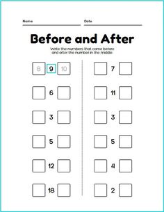 the before and after worksheet for numbers 1 - 10 with two squares on each side