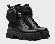 Prada Monolith Leather and Nylon Combat Boots Size 37.5 (US 7.5) | eBay Prada Monolith Boots, Dr Shoes, Leather Lace Up Boots, Military Inspired, Prada Shoes, Brunei, Lace Up Boots, Leather And Lace, Black Boots