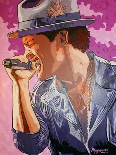 a painting of a man in a fedora holding a microphone to his mouth and singing