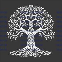 the celtic tree of life is shown in white on a black background with blue lettering