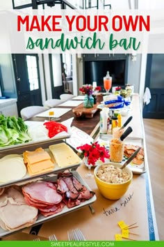 Turn the oven and stove off and serve a giant Make Your Own Sandwich Bar for a hot weather dinner idea! When it's too hot to cook, and you want something simple but delicious for dinner this DIY sandwich party is perfect! Lay out all the deli meats and cold cuts, cheese, toppings, and chips you want and have people make their own. Perfect for hot days of watching football. Make Your Own Sandwiches Bar, Bbq Sandwich Bar, Make Your Own Subs Party, Sandwich Fixings Tray, Sandwich Bar For Party, Build Your Own Sandwich Charcuterie Board, Different Food Bar Ideas, Cooking Party Ideas For Adults, Cold Sandwich Recipes For A Crowd