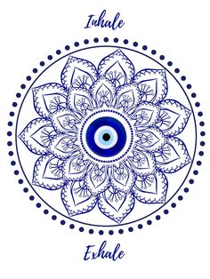 an eye in the center of a blue and white circular pattern on a white background