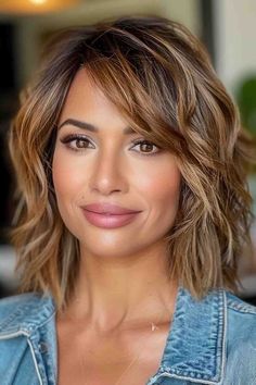 Bangs On One Side Of Face, Shoulder Length Round Face Haircuts, Mid Length Hair 50 Plus, Brunette Bob With Side Bangs, Shaggy Bob With Side Swept Bangs, Easy Haircuts For Medium Hair Over 40, Side Swept Medium Hair, Thick Hair Styles Medium Layered Bobs, Short Layered Haircuts Side Part