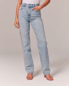 High Rise Straight Jeans, Flattering Jeans, High Rise Denim Jeans, Shirt Tucked In, Abercrombie And Fitch Jeans, High Rise Mom Jeans, Light Blue Jeans, Slim Straight Jeans, High Rise Denim