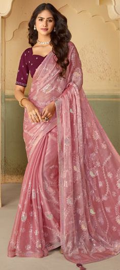 Pink and Majenta color Saree in Organza Silk fabric with Embroidered, Resham, Stone, Thread work Pink Saree With Zari Work For Ceremonies, Ceremony Embroidered Saree With Pallu, Ceremony Saree With Embroidered Pallu, Ceremonial Saree With Cutdana In Traditional Drape, Resham Embroidery Saree For Ceremony, Pink Embroidered Fabric With Zari Weaving For Wedding, Pink Wedding Embroidered Fabric With Zari Weaving, Ceremonial Saree With Intricate Embroidery, Ceremony Saree With Traditional Drape And Pallu