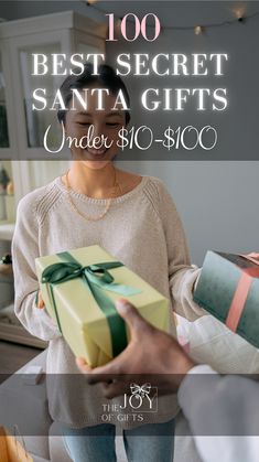 a woman holding a gift box with the words, 100 best secret santa gifts under $ 10