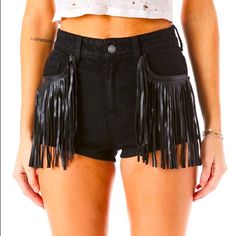 Super Cute Leather Fringe Black Denim Shorts New With Tags! Perfect For Space Cowgirl Costume, Coachella Or Music Festival Black Bottoms With Frayed Hem For Night Out, Edgy Bottoms With Fringe For Night Out, Black Fringed Bottoms For Night Out, Black Fringe Bottoms For Night Out, Black Fitted Bottoms With Fringe, Edgy Black Bottoms With Fringe, Fitted Black Bottoms With Fringe, Black Fitted Fringe Bottoms, Edgy Fitted Fringe Bottoms