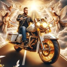 a man riding on the back of a motorcycle down a road surrounded by angel wings