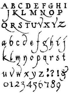 an old english alphabet with the letters and numbers drawn in black ink on a red background