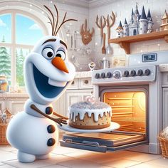 a cartoon character holding a frosted cake in front of an oven with the door open