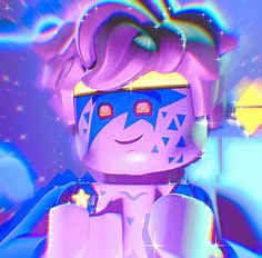 an animated image of a man with pink hair and blue eyes wearing a purple mask