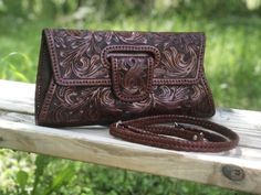 Hand Tooled Leather Purse, Tooled Bag, Small Crossbody, Leather Clutch, "Lengueta" by ALLE, Mexican bag, Mother's day gifts