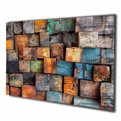 a wooden wall with many different colors and shapes