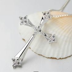 This Beautiful And Classy Cross Necklace Has Simulated Diamonds On Each End Of The Cross Silver Plate Cross Pendant For Men, Cross Pendant Necklace Woman, Brand Stickers, Silver Necklaces Women, Crystal Cross, Religious Cross, Diamond Cross Pendants, Sterling Silver Chain Necklace, Christian Jewelry