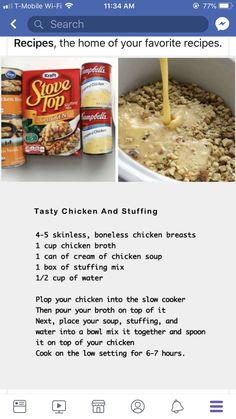 the recipe for chicken and stuffing is shown on an instagramture page, along with instructions to make it