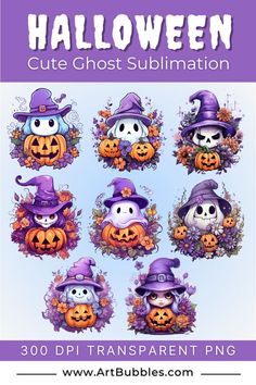 halloween cute ghost sublimation with pumpkins and witches in purple hats, on a blue background