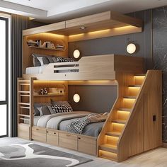 there is a bunk bed with stairs in the room