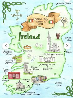 an illustrated map of ireland with flags and other things to see on the map in green