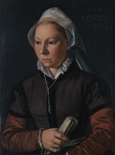 a painting of a woman holding a can and looking at the viewer's hand