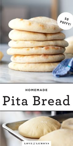 homemade pita bread stacked on top of each other with text overlay that reads homemade pita bread