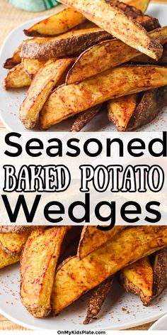 A plate full of seasoned potato wedges and up close on a crispy potato with text title overlay Russet Potato Wedges In Oven, Oven Wedges, Potatoe Wedges, Potatoes Wedges, Naija Food, Oven Baked Potato, Seasoned Potato Wedges