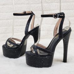 Black Sparkling Rhinestones Approx. 2.5" Platform With A 6.5" Heel Sexy Ankle Strap With Buckle Closure New In Box Photos Taken With And Without Flash Clear Chunky Heels, Clear Pumps, Tan High Heels, Pandora Black, Black Platform Shoes, Platform High Heel Shoes, Rhinestone Heels, Chunky High Heels, Chunky Heels Sandals