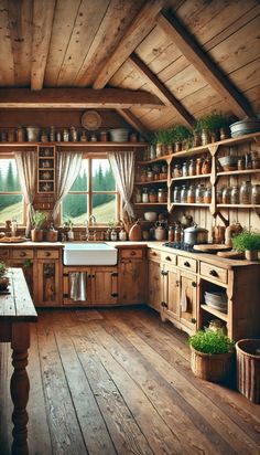 a rustic kitchen with wooden floors and walls