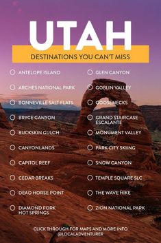 the utah destinations you can't miss info sheet with an image of arches and mountains