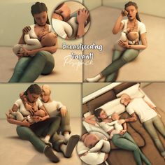 a couple is cuddling on the floor with each other while holding their baby and talking on the phone