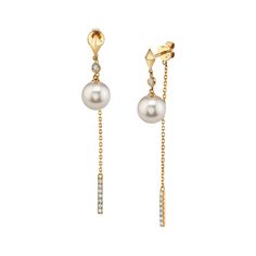 These exquisite Threader earrings feature 8mm high-quality Japanese Akoya pearls, handpicked for their incredible luster and overtones. The pearls are mounted on the finest 14K gold with .20 carats of dazzling SI clarity diamonds. These earrings come packaged in a beautiful jewelry gift box, perfect for gifting. Luxury Pearl Drop Dangle Diamond Earrings, Evening Yellow Gold Pearl Earrings With Pearl Charm, Formal Yellow Gold Diamond Earrings With Pearl Drop, Elegant Akoya Pearl Earrings With High Luster, Classic Linear Earrings With Pearl Charm For Formal Occasions, Yellow Gold Dangle Pearl Earrings For Evening, Classic Formal Linear Earrings With Pearl Charm, Yellow Gold Diamond Earrings With Pearl Drop For Evening, Timeless Pearl Chain Earrings For Formal Occasions