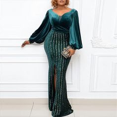 African Velvet Dress Women Lantern Sleeve V Neck High Waist Split Robes Autumn New Stick Diamond Velour Party Maxi Dress Vestido Africa Clothing, Africa Dress, Sequin Party Dress, Sequin Gown, Pregnancy Maxi Dress, Bodycon Dress Parties, Denim And Lace, Clothing Material, Velvet Fashion