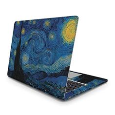 an open laptop computer sitting on top of a white surface with a painting of the starry night